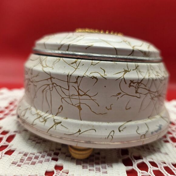 Vtg Aluminum Round Vanity Powder Music Box Gold Spiral On Top - Works MCM - Picture 3 of 8